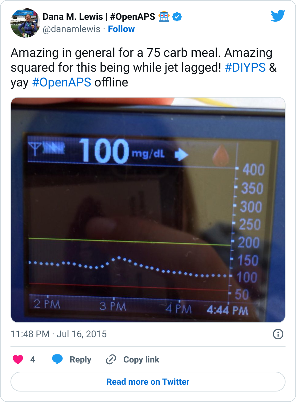 Showing a relatively flat CGM graph despite a 75 gram carbohydrate meal, thanks to OpenAPS. 