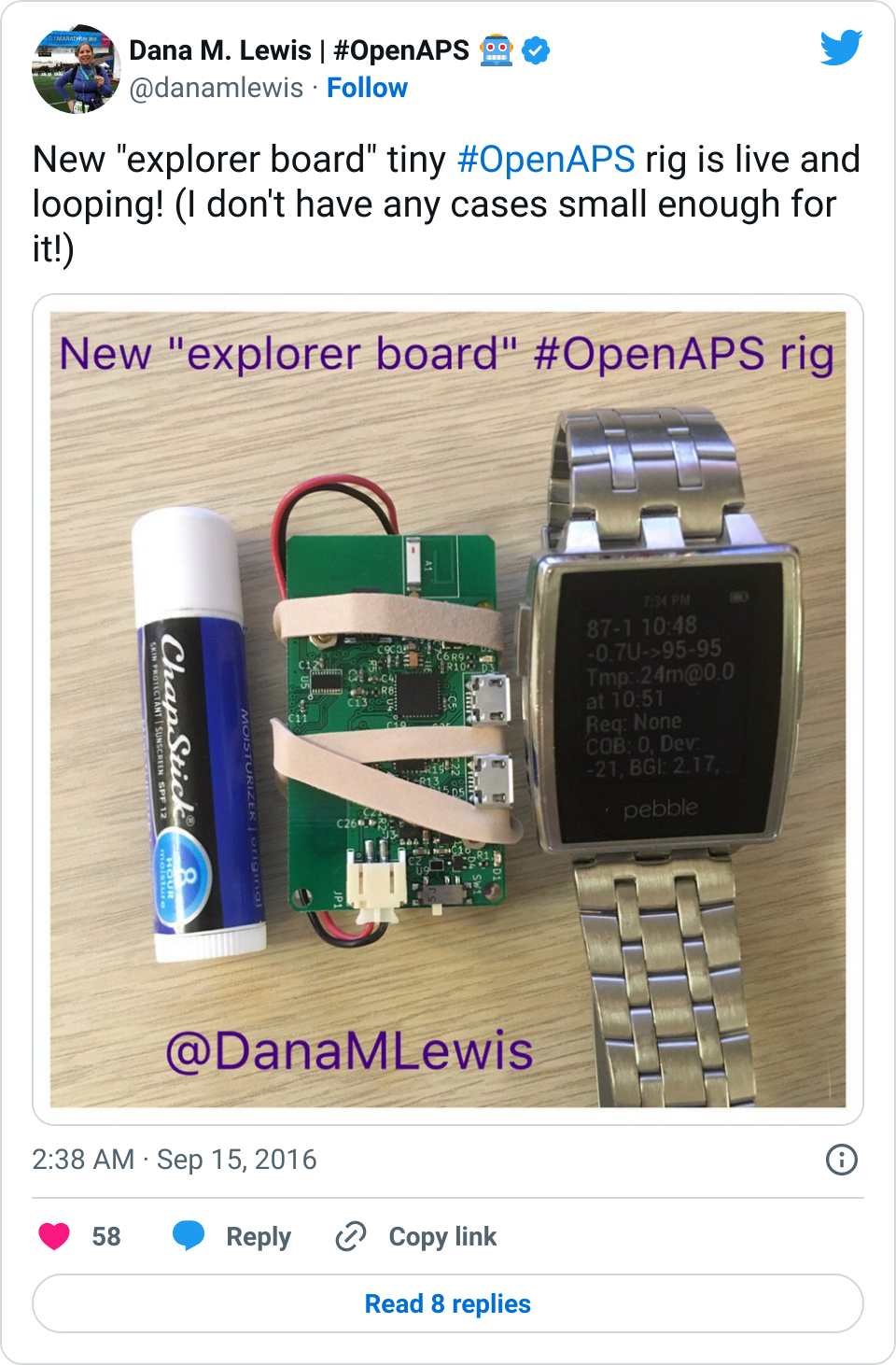 Small "explorer board" OpenAPS rig next to a stick of chapstick for size comparison