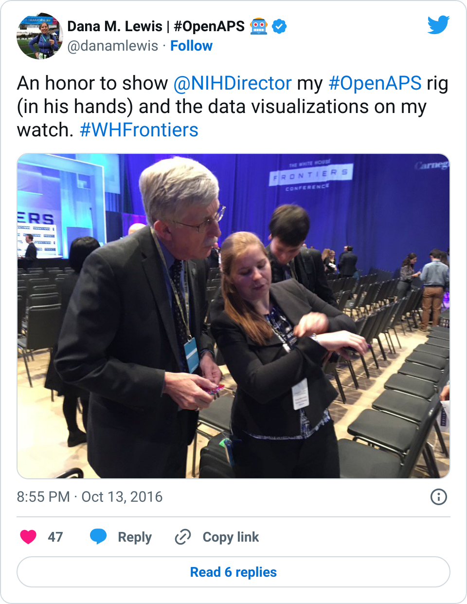 Showing former NIH Director Francis Collins my OpenAPS rig and talking about data interoperability.