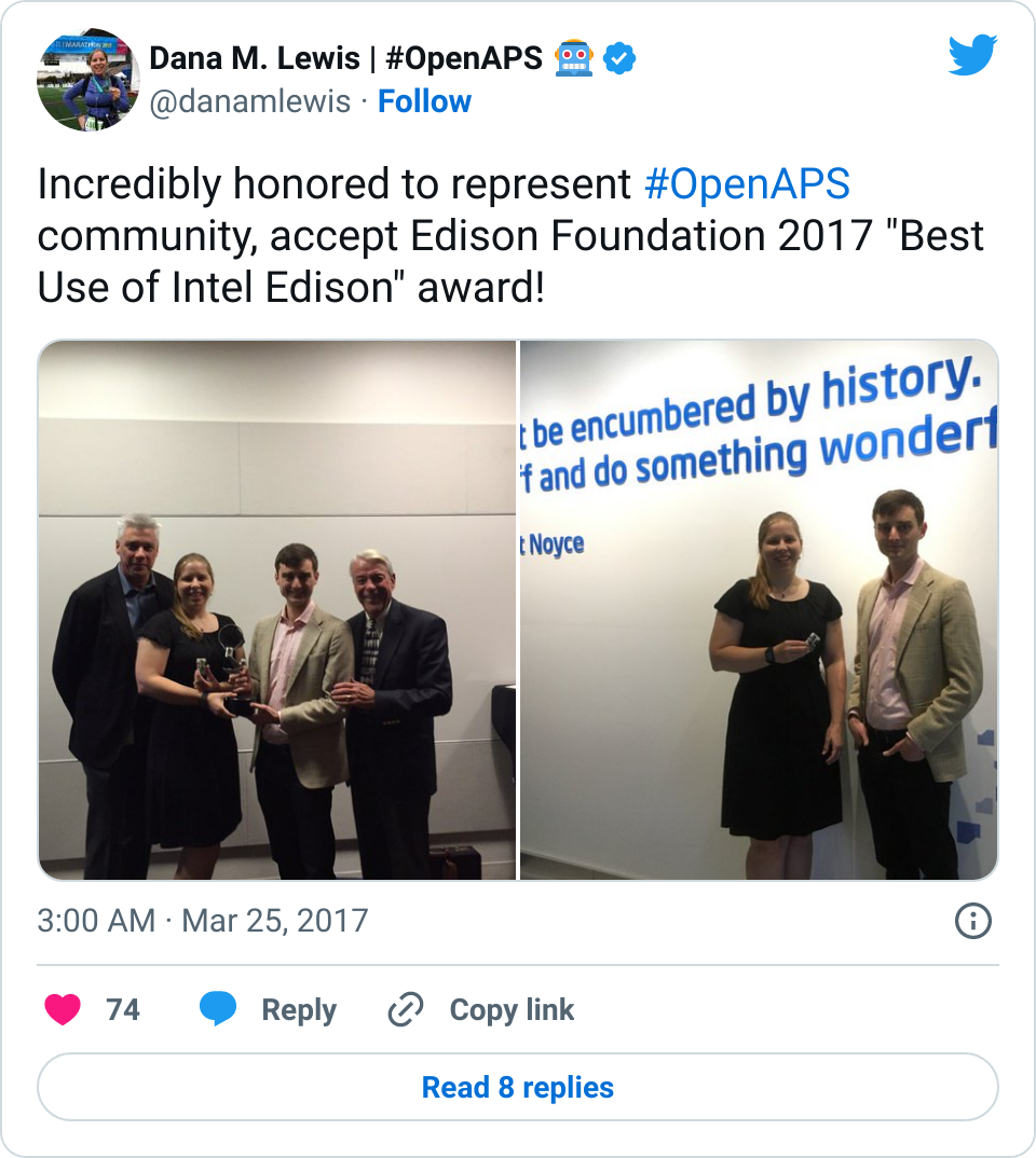 Representing the OpenAPS community and accepting the "Best Use of Intel Edison" award