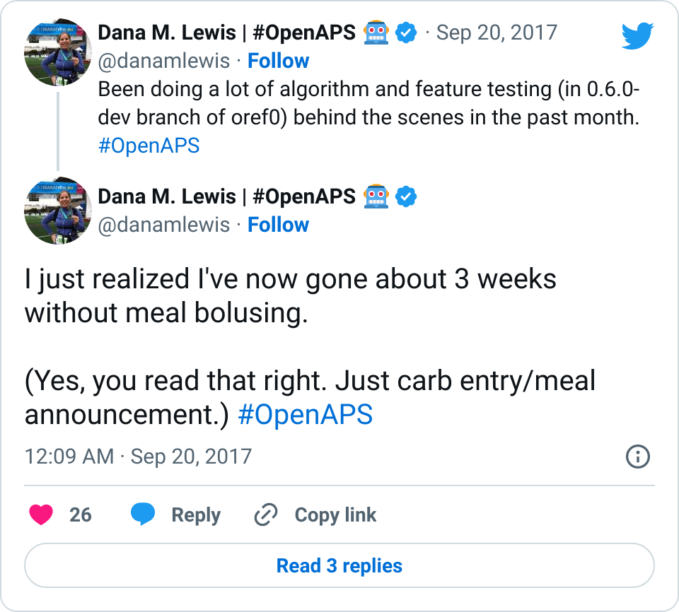 Highlighting 3 weeks without meal bolusing, and just doing a carb announcement, with good outcomes thanks to OpenAPS