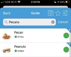 Example of Monash's app showing the search result with peanuts and pecans