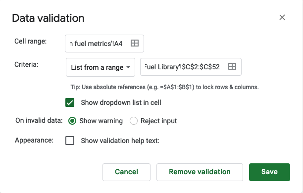 Use the data validation section to choose to show a dropbox in each cell