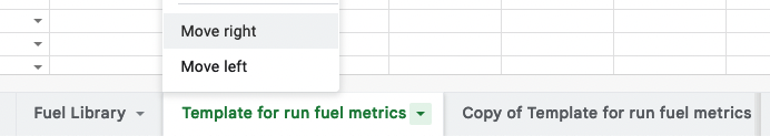 Clicking the arrow to the right of a tab name in google sheets brings up a menu that includes the option to move the tab left or right