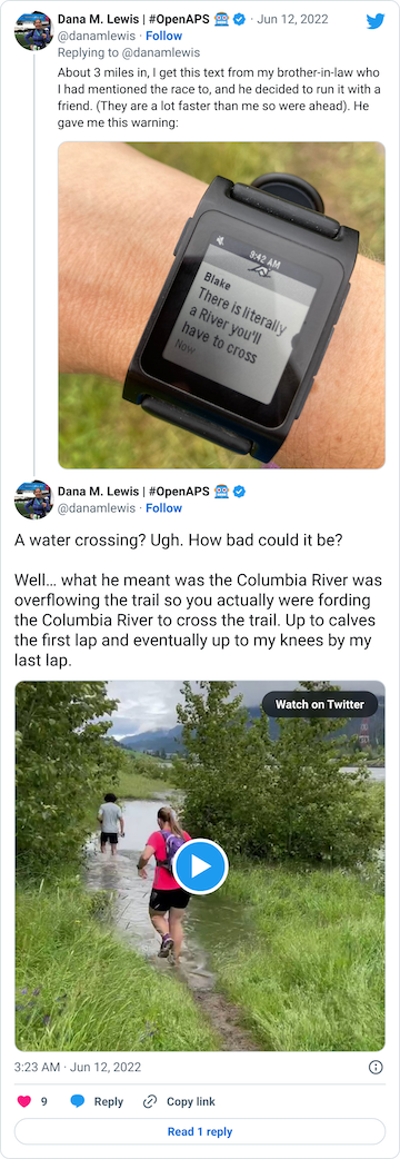 Showing a text on my watch of my BIL warning me about a river crossing
