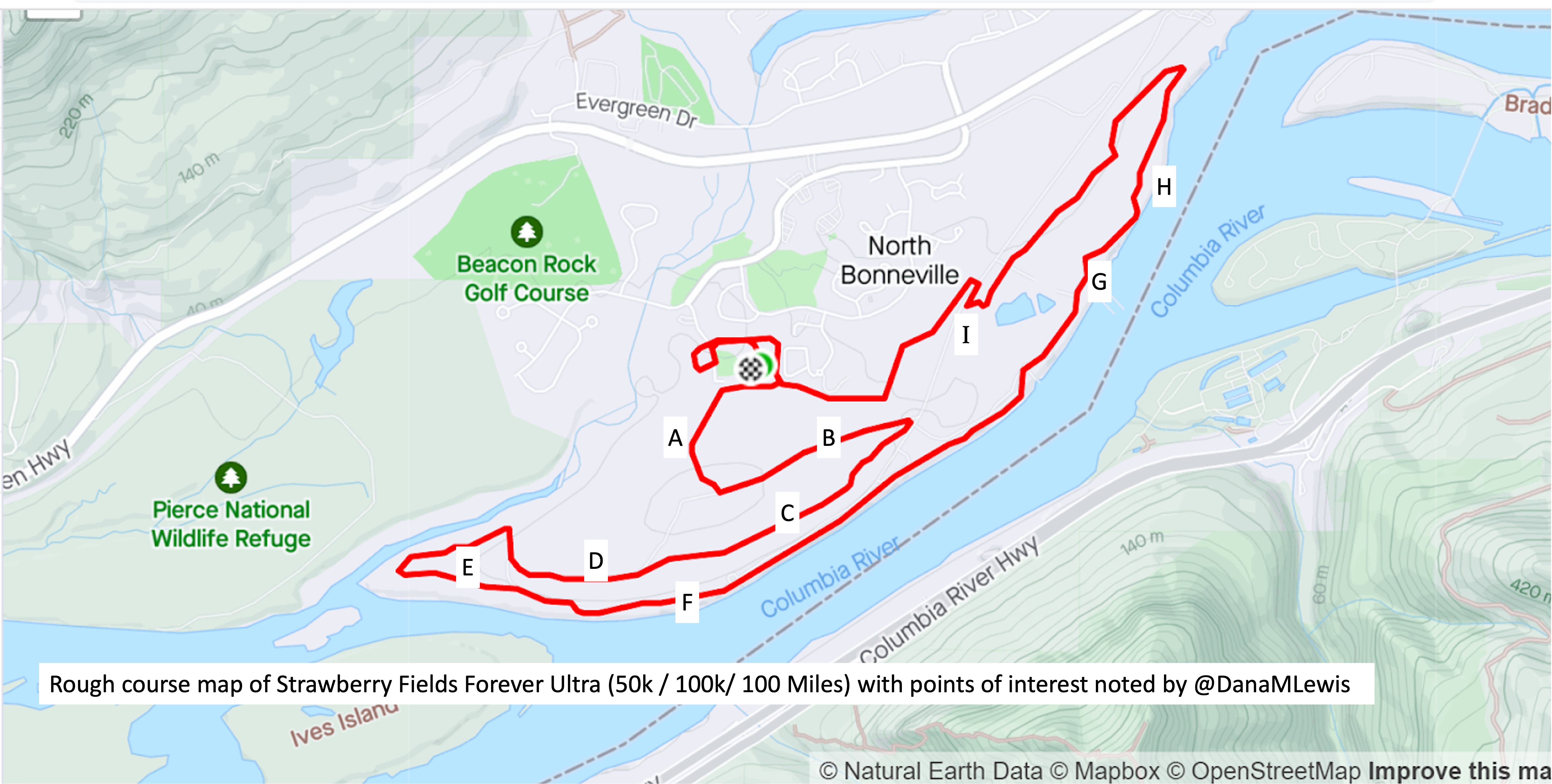 Annotated course map with points A-I