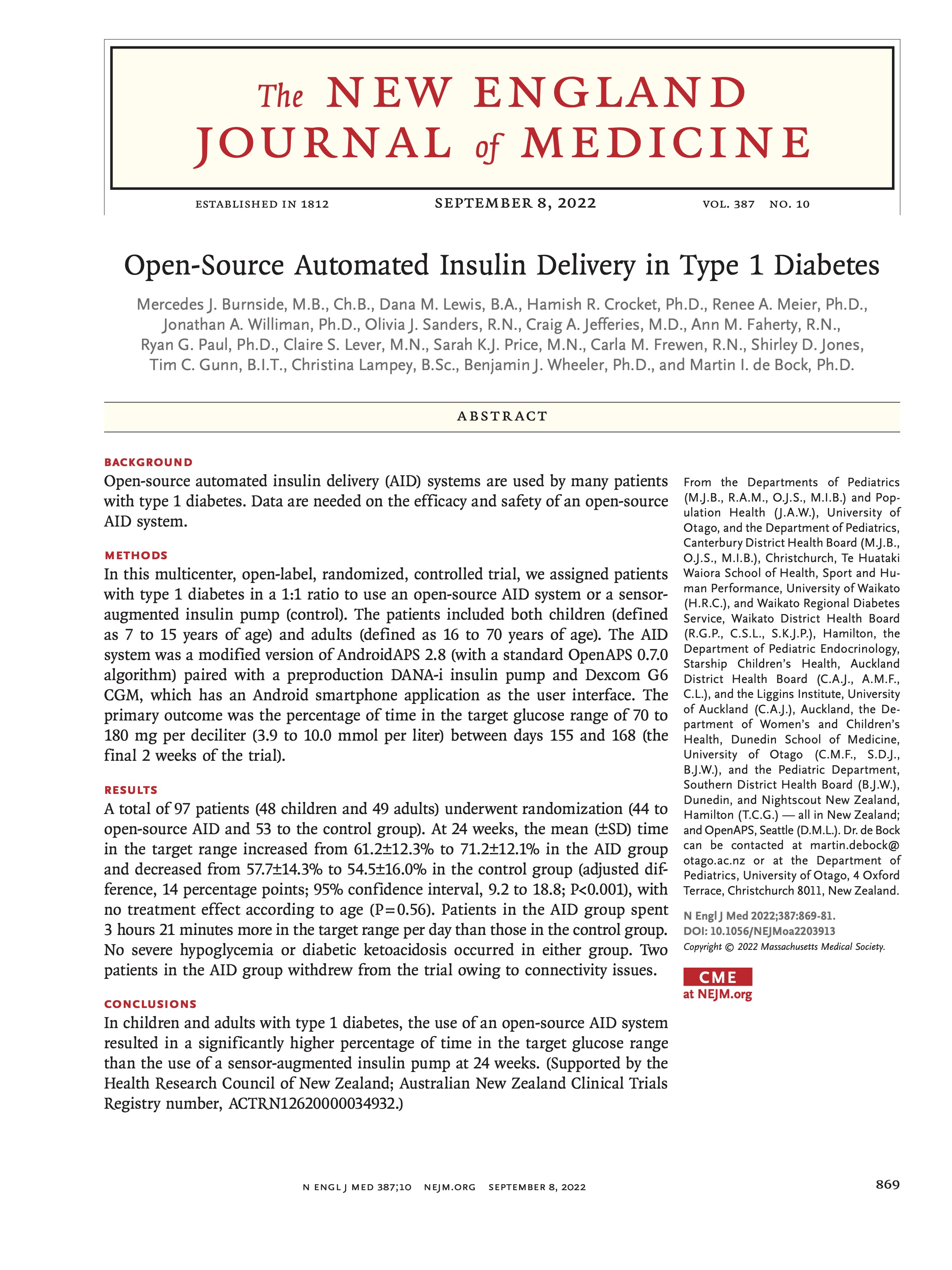 First page of NEJM article on Open Source AID in T1D, which contains the text of the abstract. 