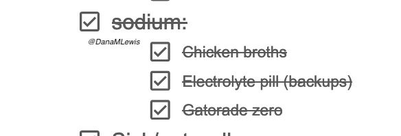 A screenshot of my 100 mile prep document showing the sodium section with chicken broth, electrolyte pills, and gatorade zero checked off the list, as I had already packed them.