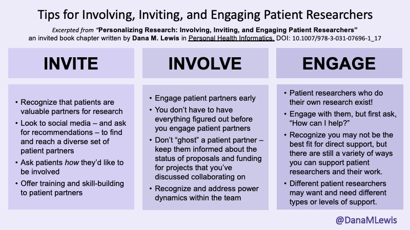 Excerpted tips from the book chapter "Personalizing Research: Involving, Inviting, and Engaging Patient Researchers" by Dana Lewis