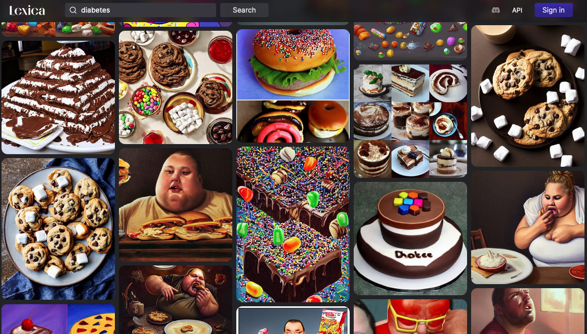 A screenshot of search results in Lexica for the term "diabetes". Primarily it is images of people portrayed as very overweight and many images of a lot of food.