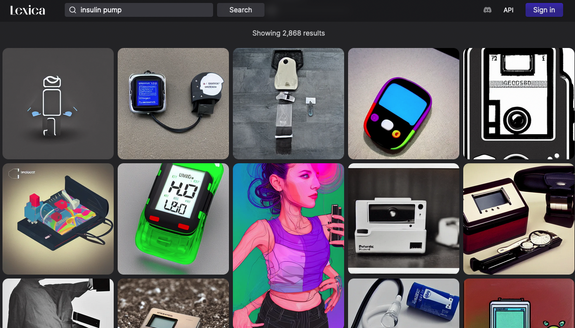 A screenshot of image results from Lexica for the term "insulin pump", which mostly shows a mix of devices that look like blood glucose meters or pulse oximeters. 