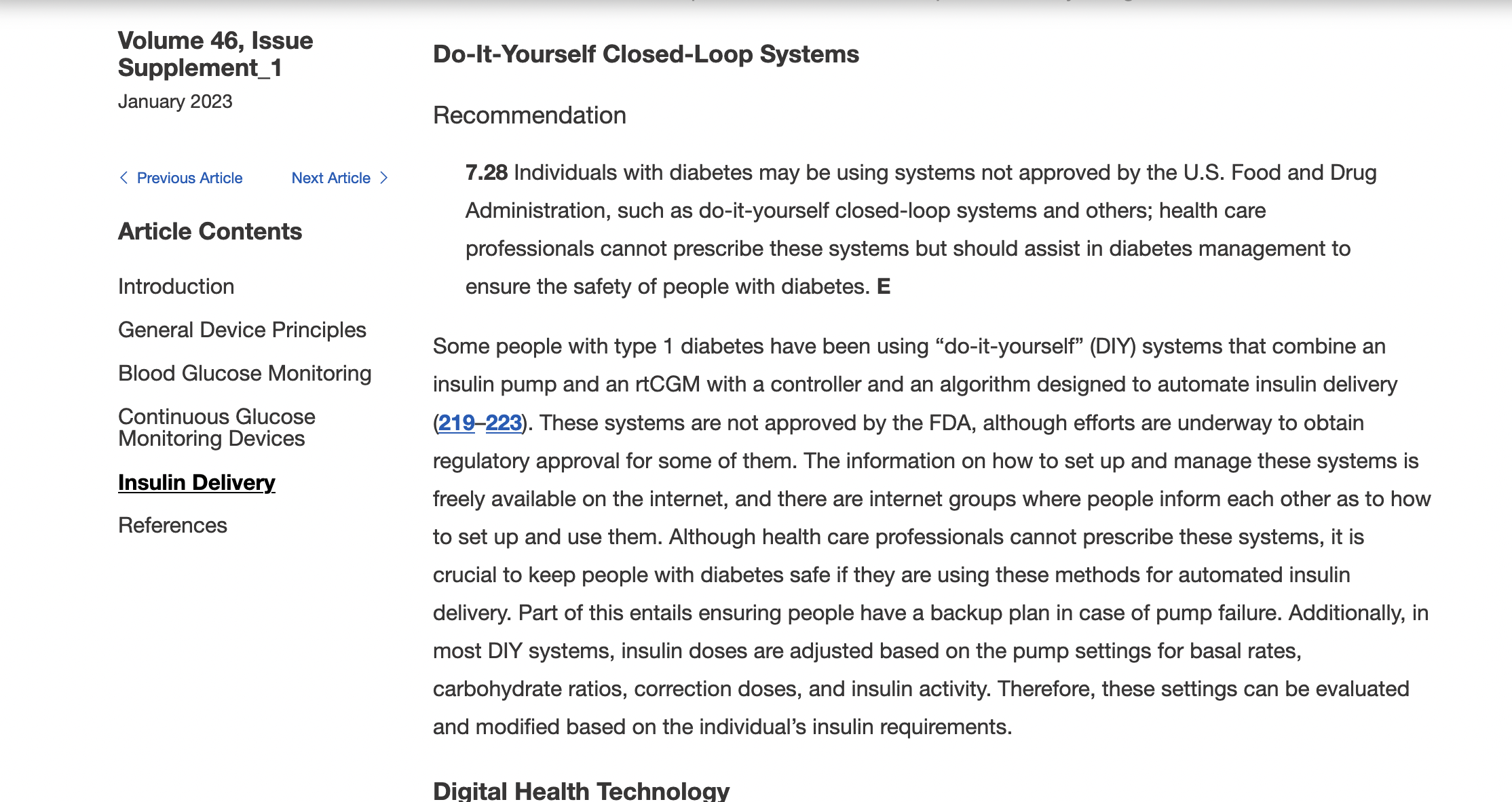 A screenshot of the 2023 ADA Standards of Care section under Diabetes Technology (7) that lists DIY closed looping, meaning open source automated insulin delivery