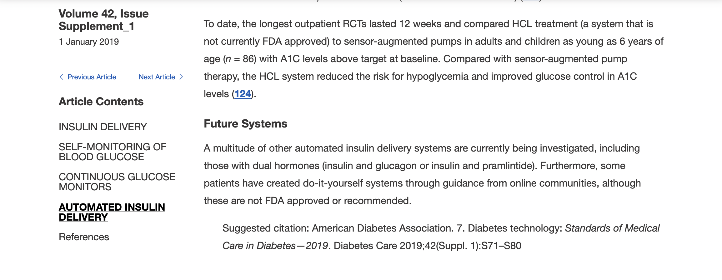 A screenshot of the 2019 ADA Standards of Care under Diabetes Technology (7) that lists DIY closed looping, meaning open source automated insulin delivery