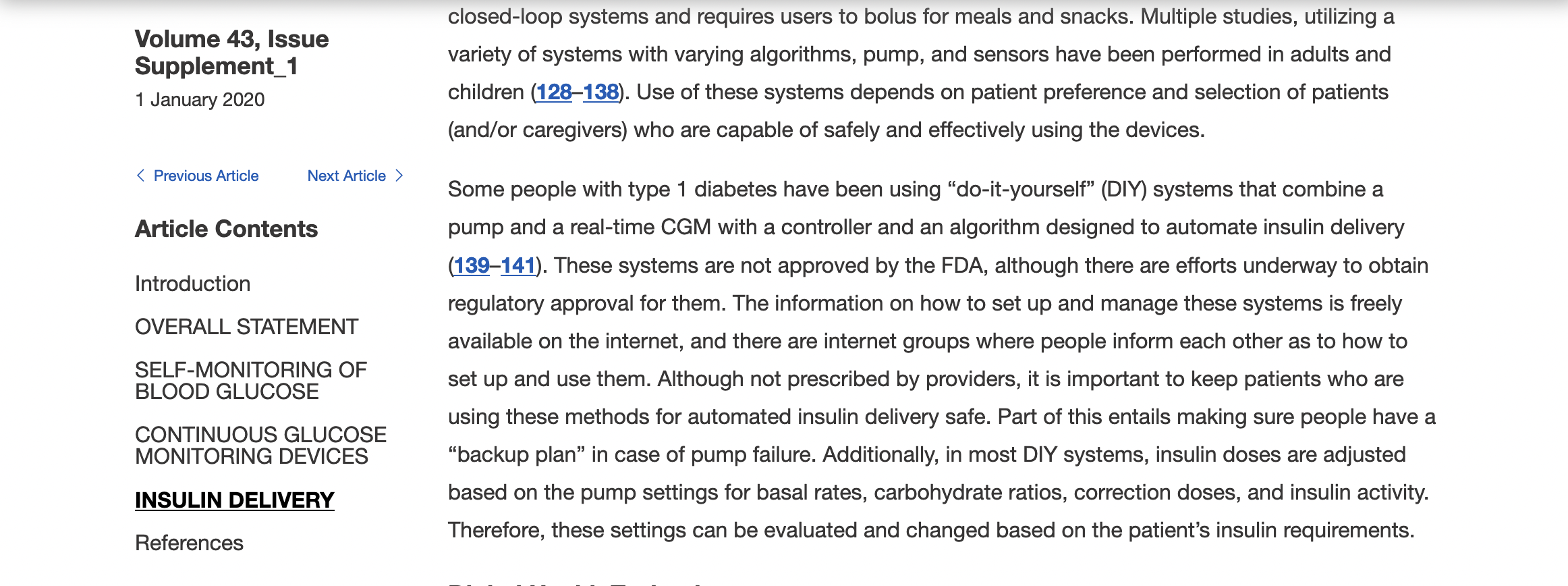 A screenshot of the 2020 ADA Standards of Care section under Diabetes Technology (7) that lists DIY closed looping, meaning open source automated insulin delivery