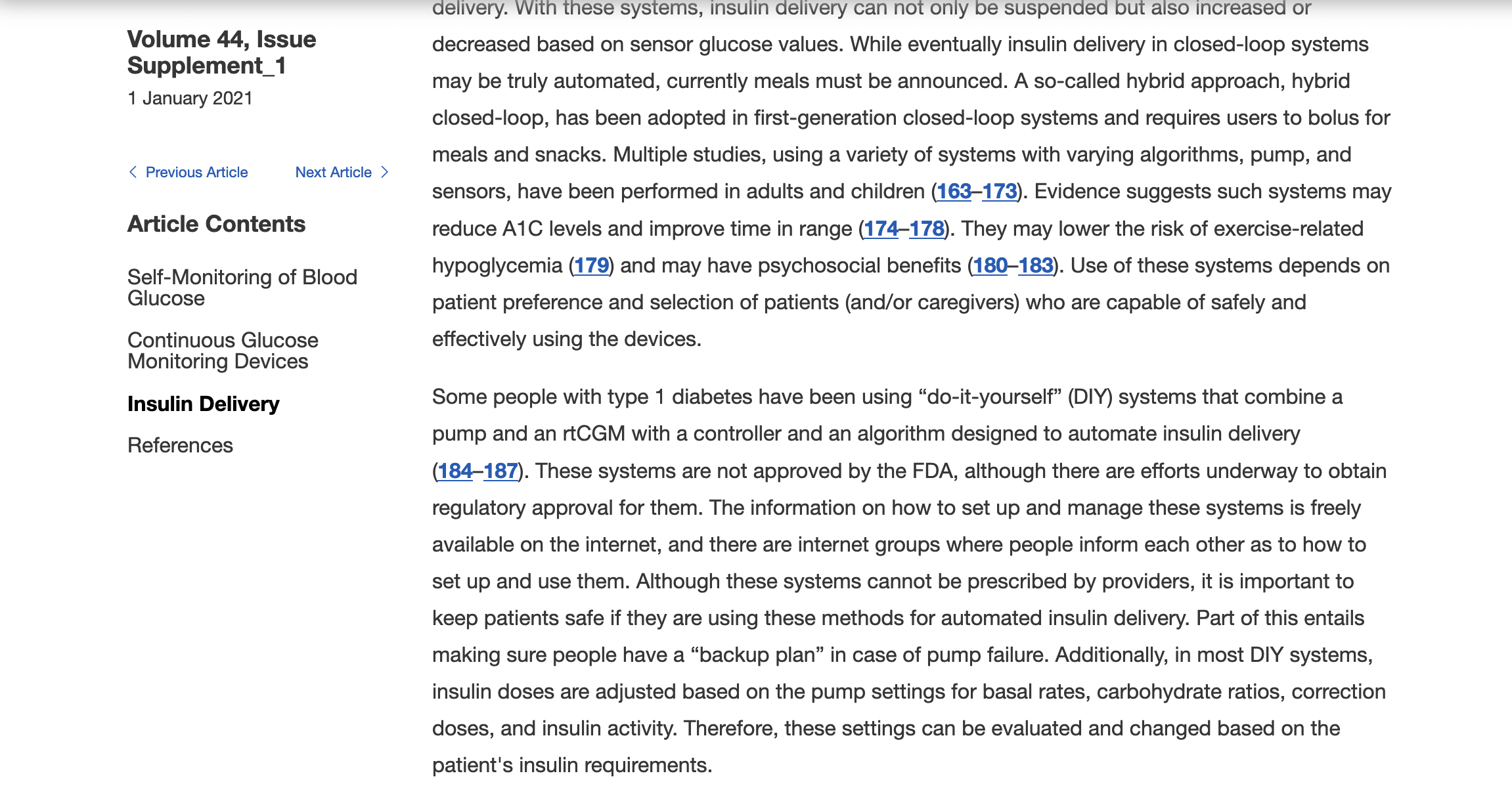 A screenshot of the 2021 ADA Standards of Care section under Diabetes Technology (7) that lists DIY closed looping, meaning open source automated insulin delivery
