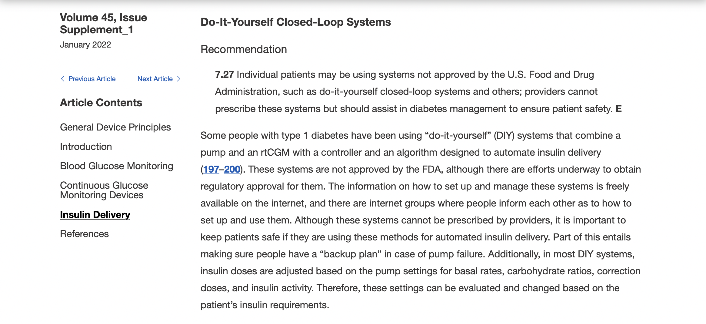 A screenshot of the 2022 ADA Standards of Care section under Diabetes Technology (7) that lists DIY closed looping, meaning open source automated insulin delivery