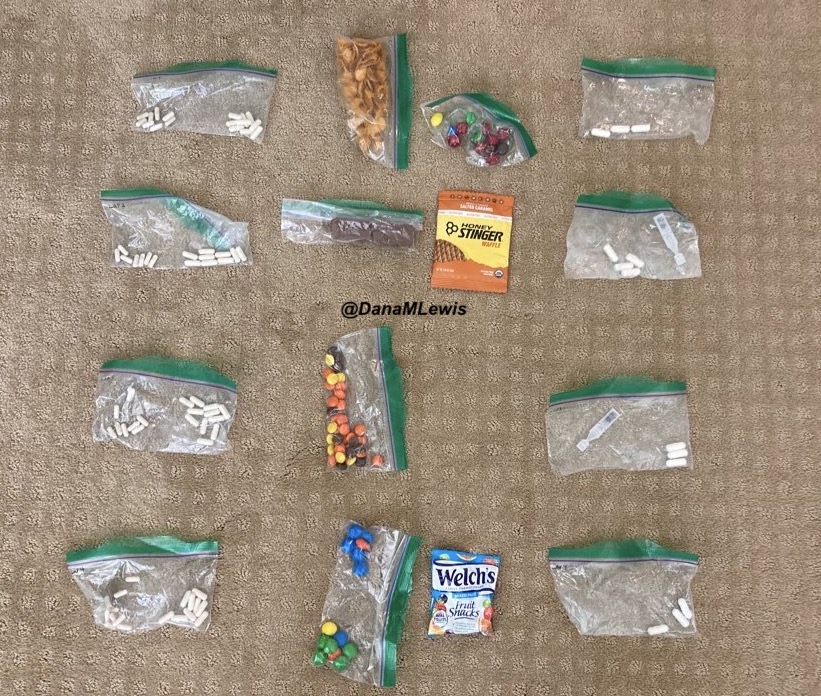A view of the enzymes and electrolyte baggies after my run, with a few left in each baggie as I planned for extras. I also had some snacks I didn't eat, both because I planned one extra per lap but I also ran faster than I expected, so I needed fewer overall
