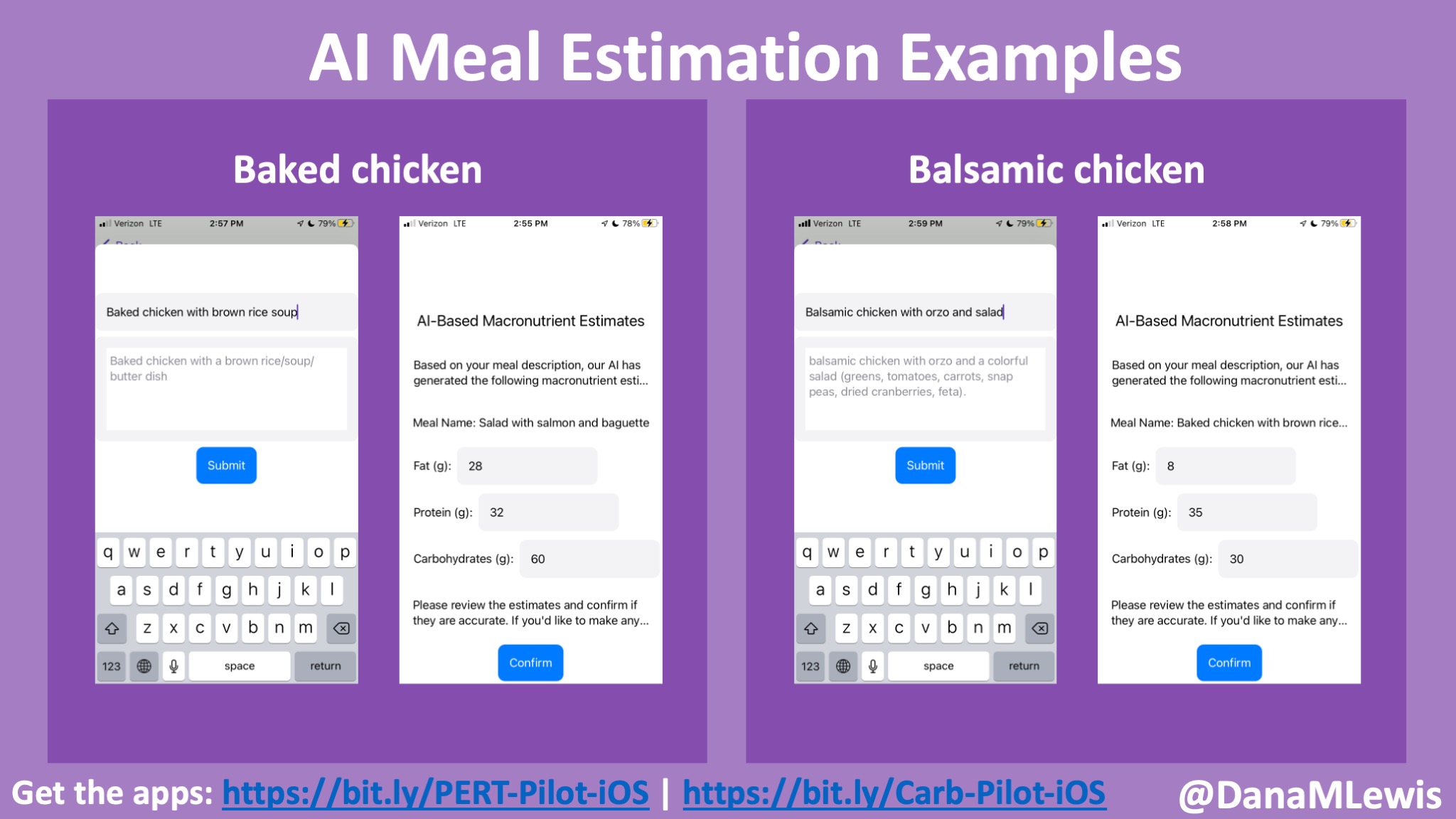 Showing screenshots of PERT Pilot with the meal description input and the output of the estimated macronutrient counts for grams of fat, protein, and carb