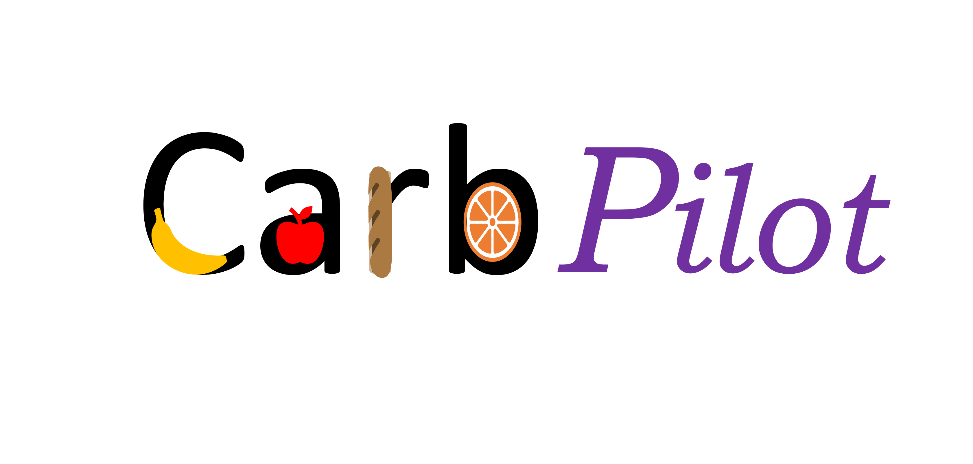 The Carb Pilot logo has the word "Carb" in bold black text with a banana on the curve of the C; and apple in the space of the 'a', a baguette as part of the 'r', and an orange in the space of the 'b'. Pilot is written in italic purple script. 