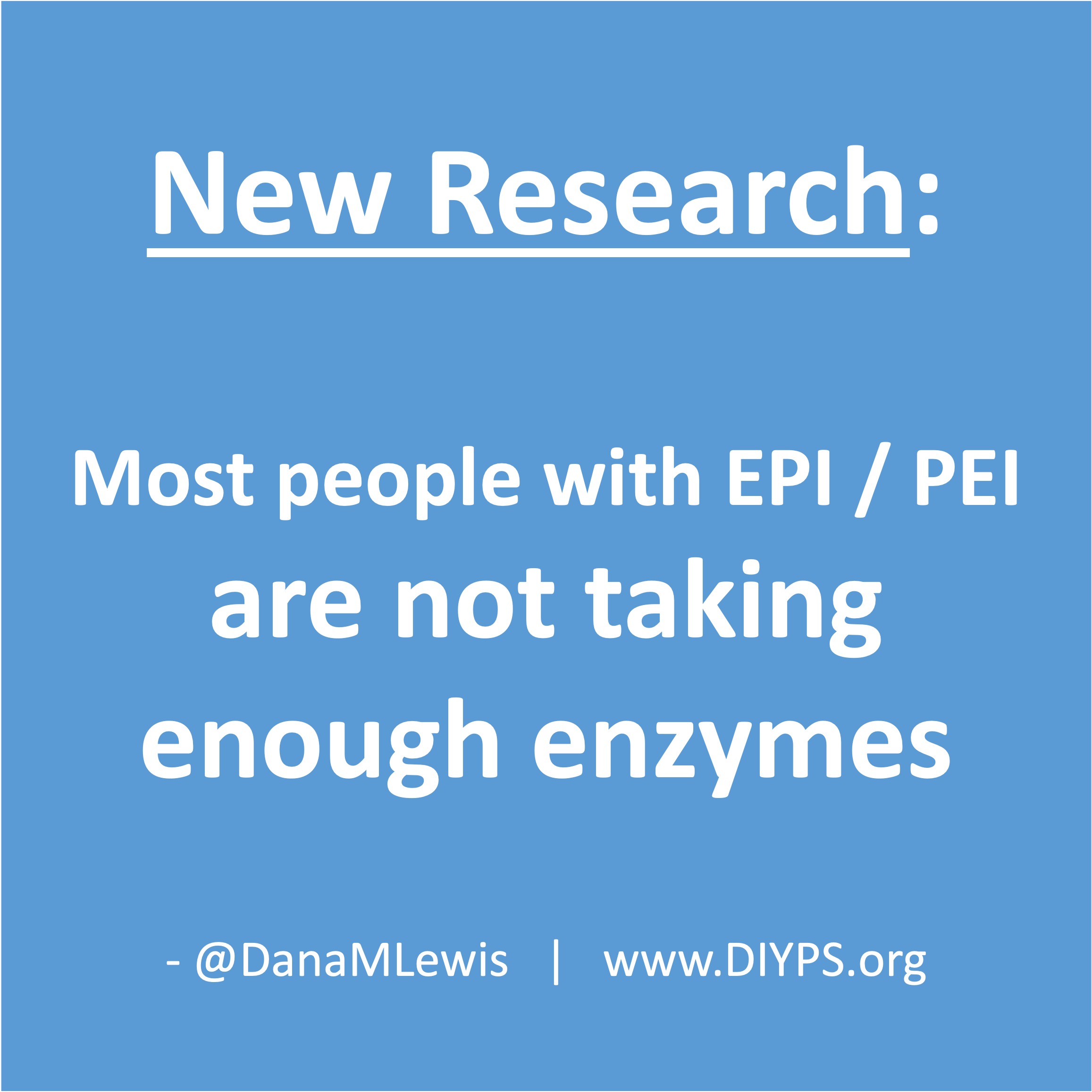 A blue square with white text that says "New Research: Most people with EPI (PEI) are not taking enough enzymes", a blog post by Dana M. Lewis