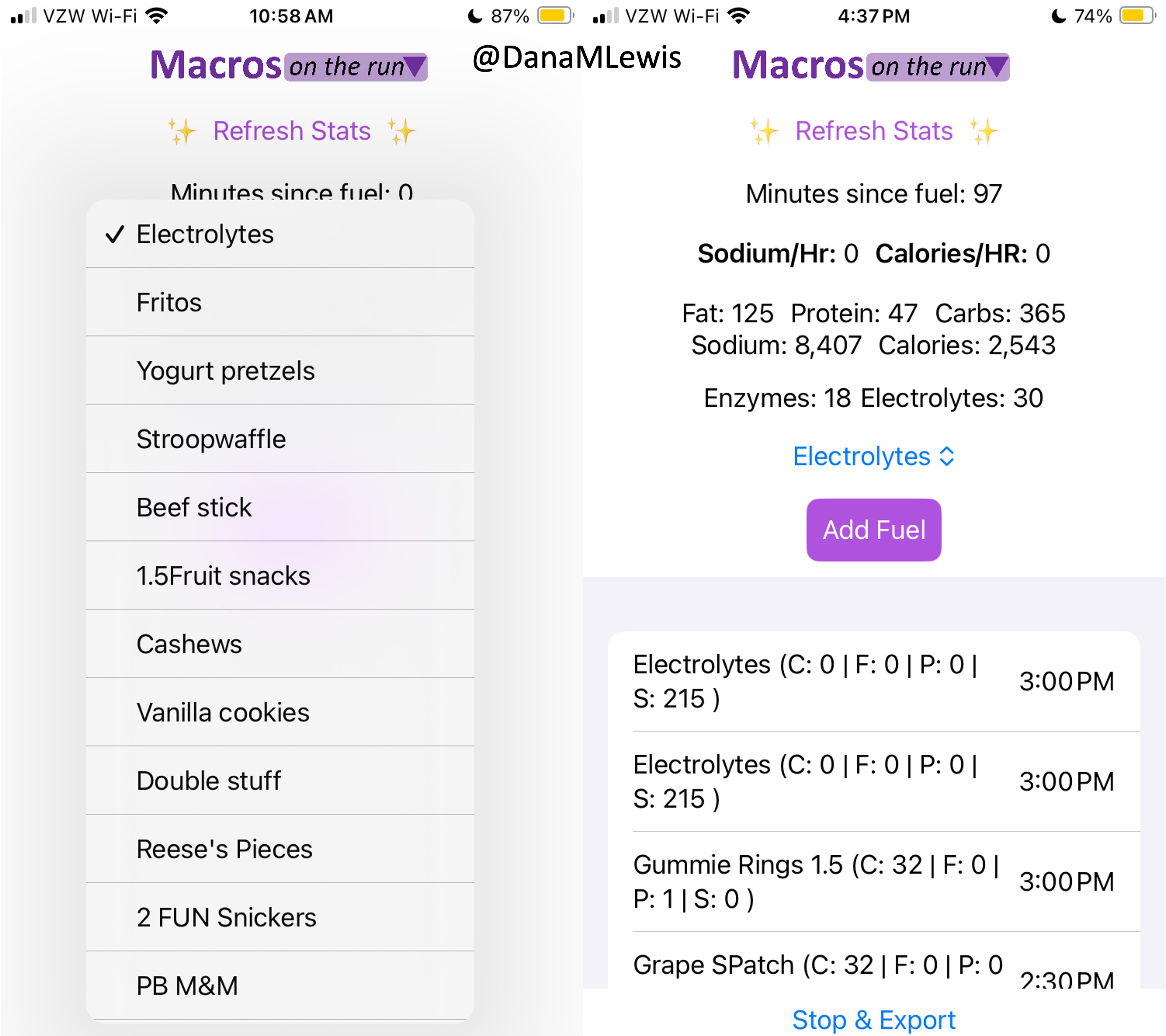 Screenshot of MacrosOnTheRun showing a pre-populated fuel list to select from and on the right, a screenshot at the end of a 9 hour run with fuel totals and individual fuel items entered