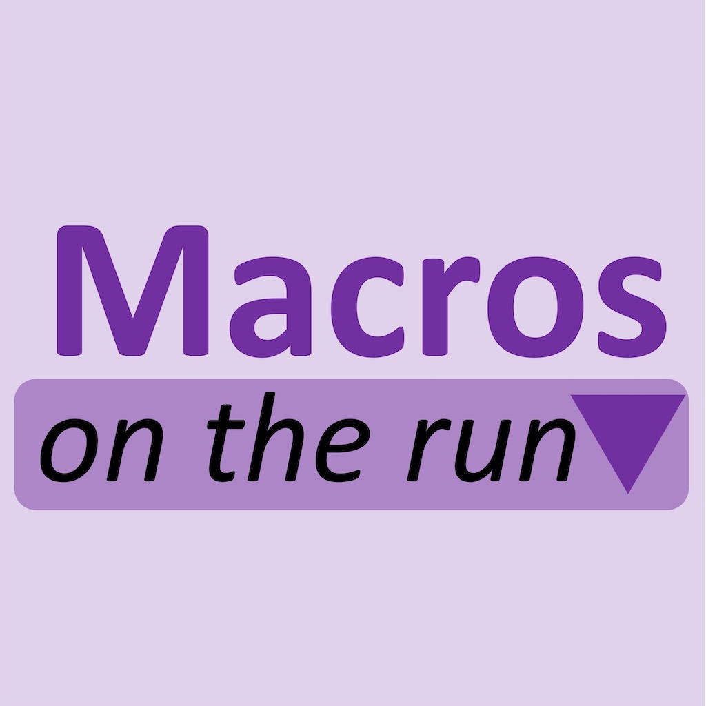 Macros on the run logo showing "on the run" below the word Macros, stylized to look like 'on the run' is a drop down menu, reminiscent of the fuel list drop down in the app
