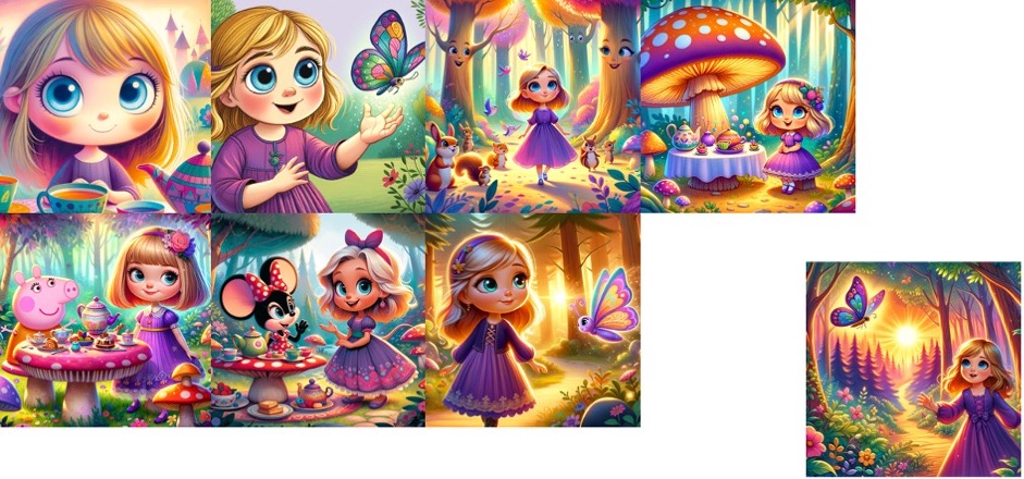8 different illustrations in slightly different styles and almost different characters of a girl with blonde, shoulder length hair and a purple dress in an enchanted forest