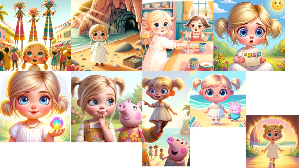 Another example with a mostly consistent young cartoon drawn girl with whispy blonde pigtails and big blue eyes, plus moko jumbies and peppa pig