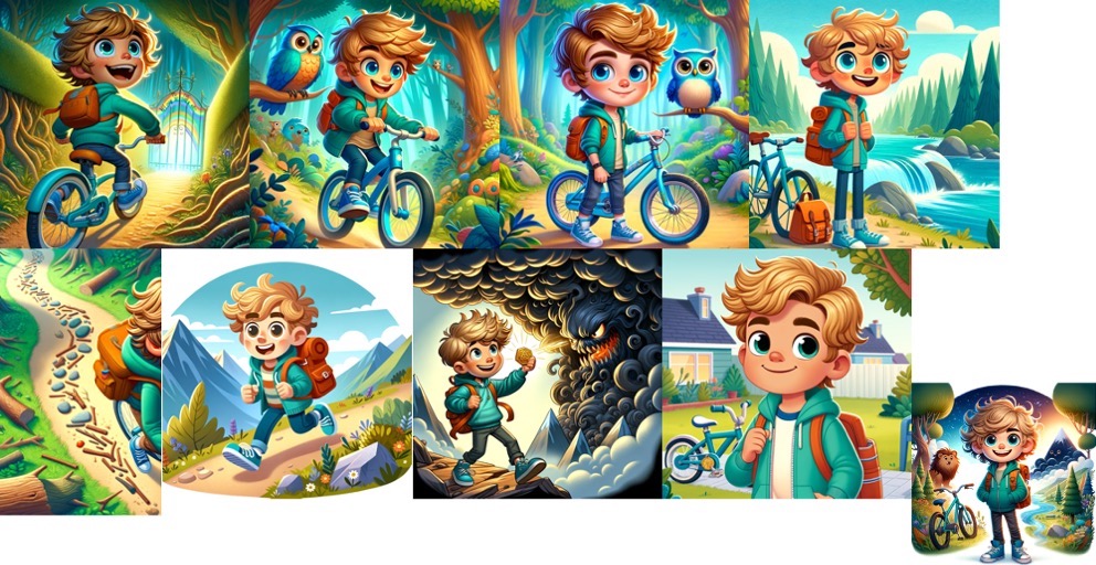 A series of images of a young cartoon-drawn boy with wavy blonde hair riding a bike through an enchanted forest.
