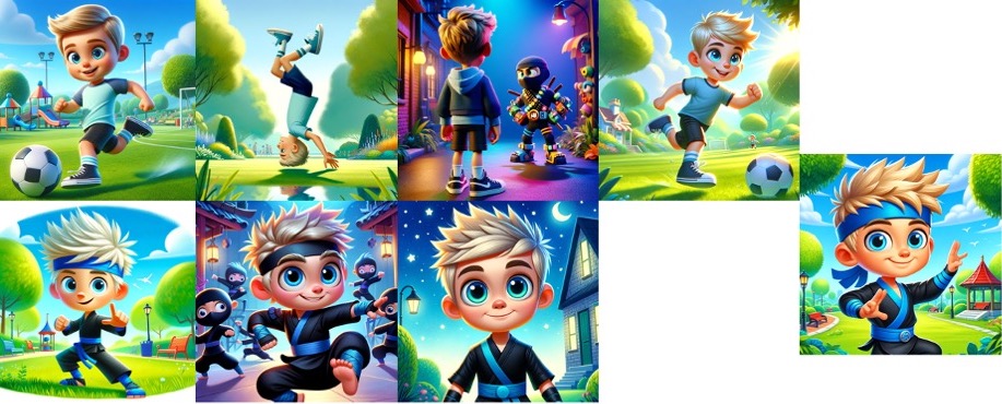 A series of drawings of a cartoon-like character with spiky blonde hair, blue eyes, and various outfits including a ninja costume