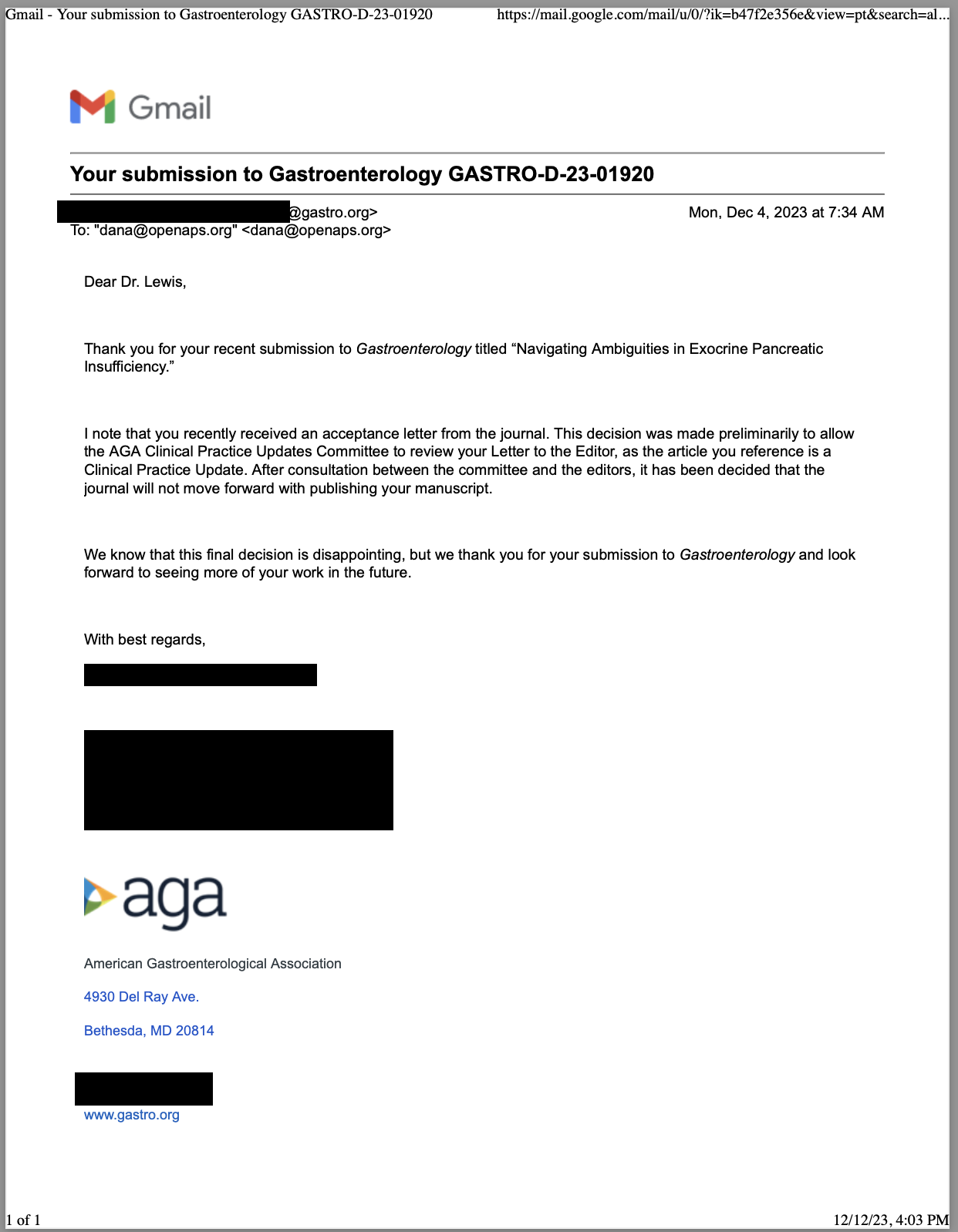 A print of the email I received saying the LTE was now rejected
