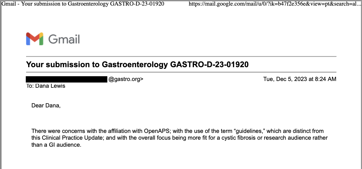 A final email saying the concern with my affiliation of OpenAPS, which is not a commercial organization nor related to the field of gastroenterology and EPI