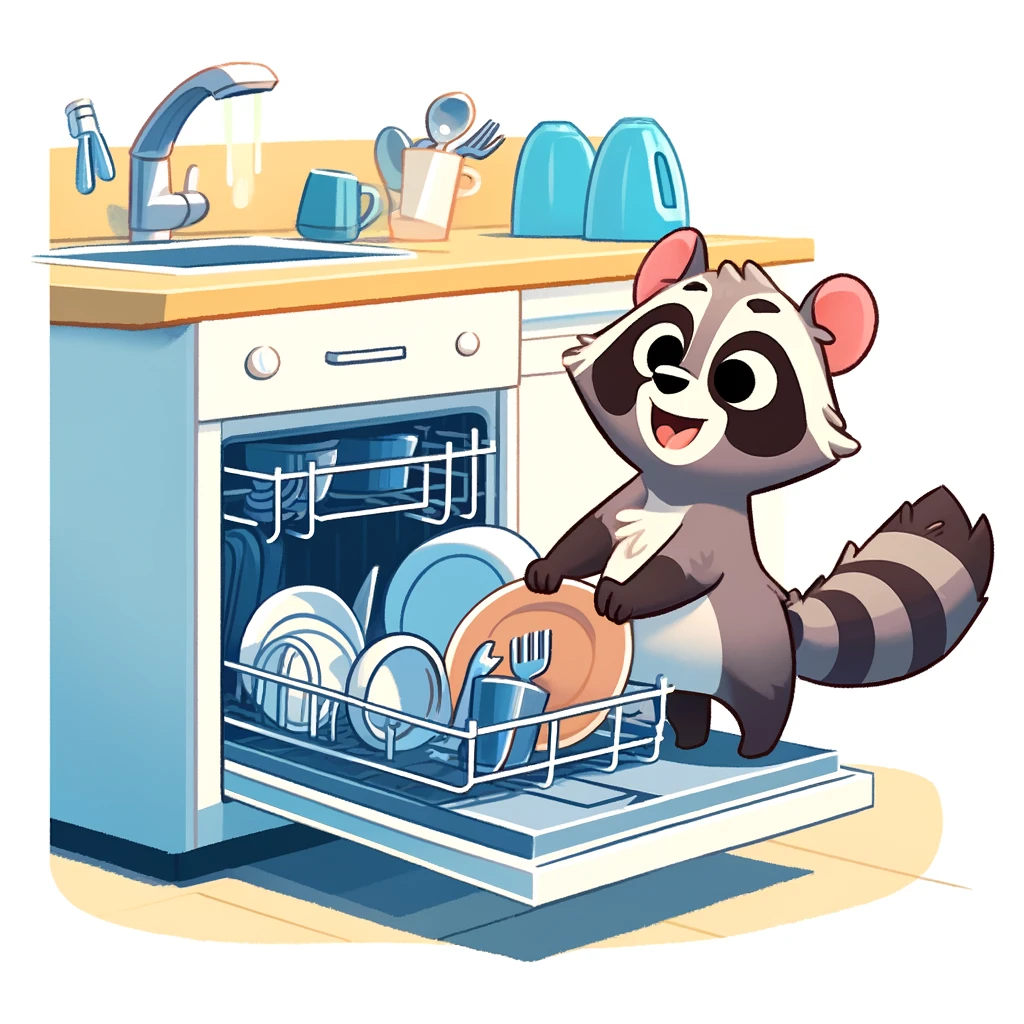 A ChatGPT-created illustration of a cute raccoon happily loading the dishwasher, which looks fine but not precisely loaded.