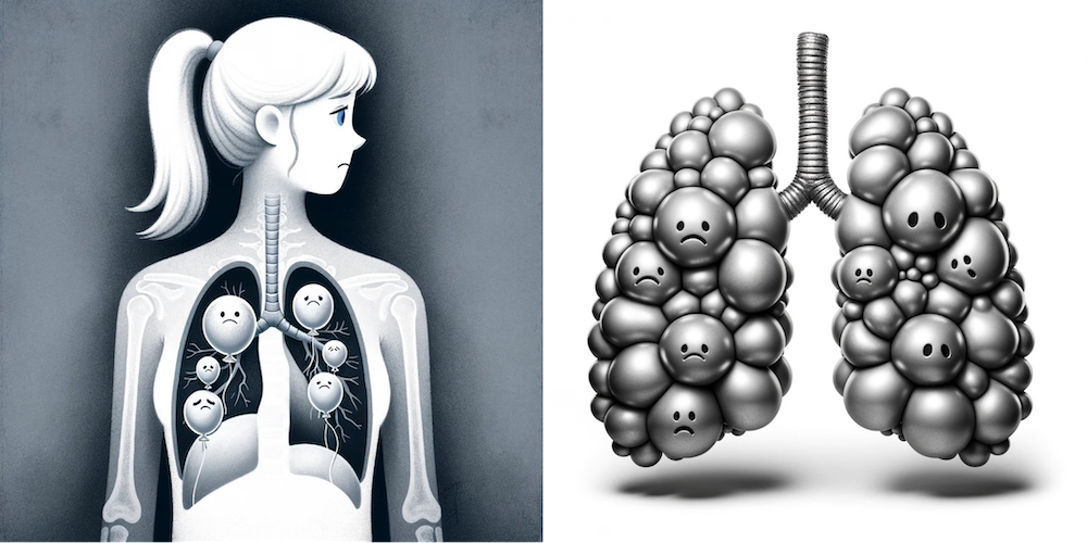 Two images side by side. On left, a comic-style drawing as if a young woman with a ponytail is in an xray (black and white drawing). You can see several balloons inside each of her lungs with frowny/sad faces. On the right is a grey and white drawing of a pair of lungs as individual clusters of balooons, some with sad faces. 