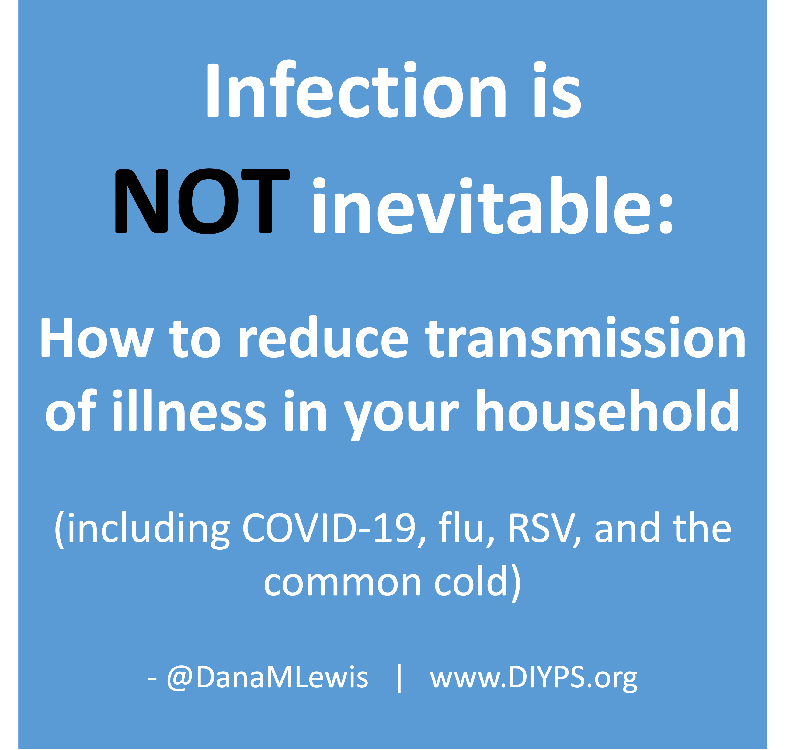 Infection is not inevitable -how to reduce transmission of illness in your household (including COVID-19, RSV, flu, and the common cold), written by Dana M. Lewis from DIYPS.org