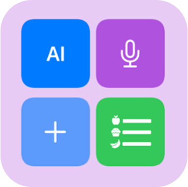 A light purple iOS widget with four buttons - top left is blue and says AI: top right is purple with a white microphone icon; bottom left is periwinkle blue with a white plus sign icon; bottom right is bright green with a custom list icon, where instead of bullets the three items are an apple, cupcake, and banana mini-icons. 