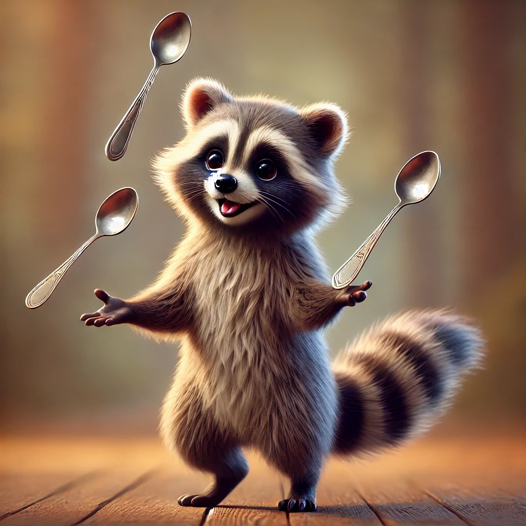 A raccooon juggles three spoons