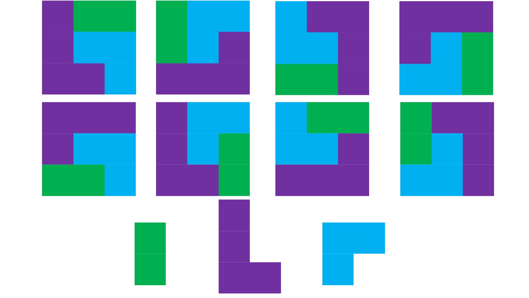 8 squares with different color combinations with a double block, an l shaped block, and a corner (three pieces) block. All squares are completely full, but in different combinations/layouts of the blocks