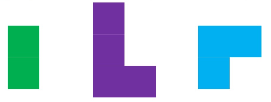 Example of two blocks stacked on each other (green), four blocks in an l shape (purple), three blocks in a corner shape (blue)