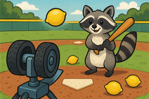 A friendly raccoon holds a baseball bat at home plate, while a lemon comes out of a pitching machine. There are a few lemons on the ground nearby. 