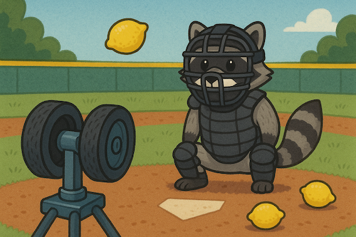 The raccoon is at home plate wearing protective gear like a catcher, watching as a lemon is hurled from the pitching machine. 
