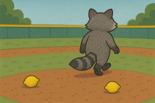 The raccoon is walking away, we see lemons on the ground but the raccoon isn't trying to catch or bat them. 
