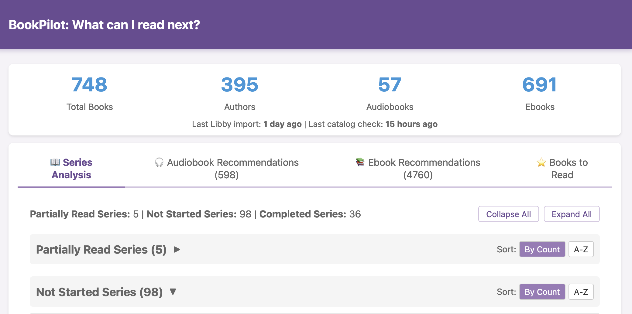 Book Pilot series recommendation of books you have not read from authors you have already read