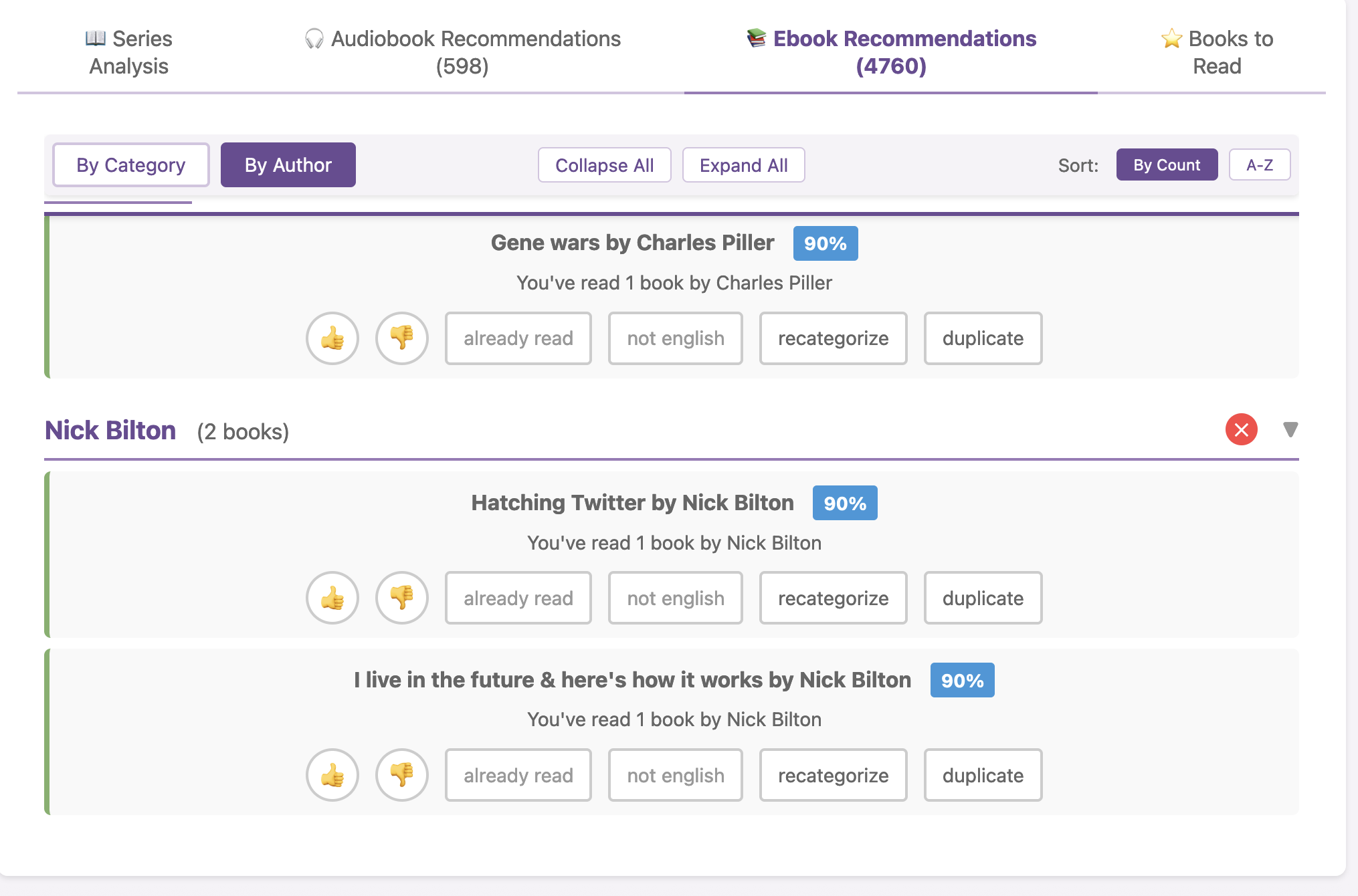 Book Pilot dashboard recommendation of books you have not read from authors you have already read.