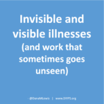 A blue square with white text that says "Invisible and visible illnesses (and work that sometimes goes unseen)", a blog post by Dana M. Lewis on DIYPS.org